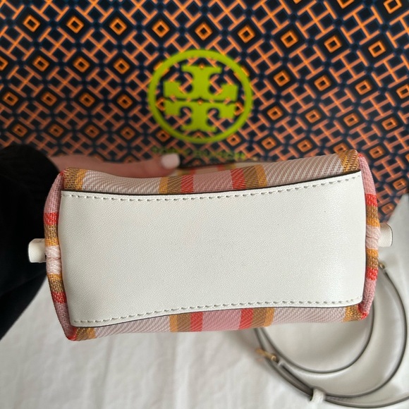 Tory Burch Mini Perry Mesh Tote Canyon Flower Plaid White Pink Tan Yellow Gold - Picture 4 of 13